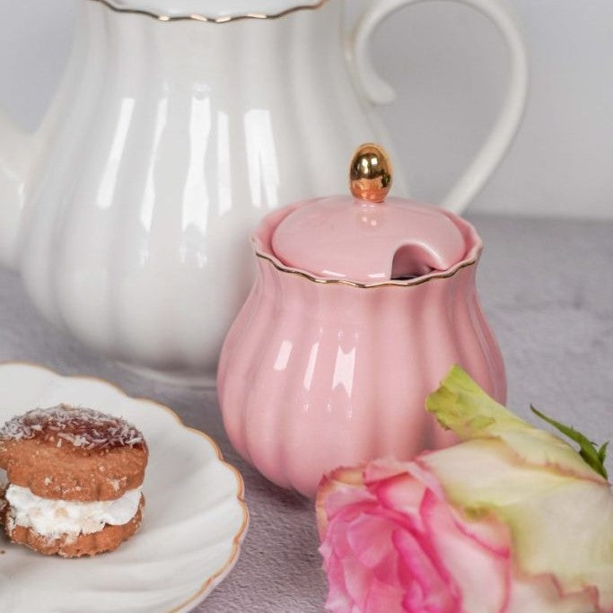 Zuccheriera in porcellana rosa con rifiniture oro - Linea Royal Rose